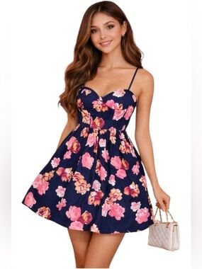 Band of Gypsies vibrant navy blue floral fit-and-flare mini dress Small NWT